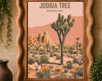 May include: A framed art print featuring a desert landscape of Joshua Tree National Park with a prominent Joshua tree, rock formations, and shrubs in shades of peach and brown, enclosed in a wavy-edged, light brown wooden frame.