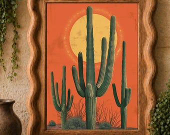 Mid Century Wüste Sonne Kaktus Druck Kühn Minimalistische Landschaft Poster Vintage Western Wand Kunst Retro Boho Dekor Digitaler Download