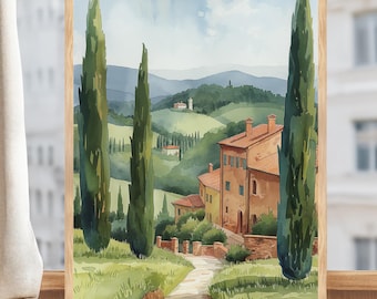 May include: Watercolor painting of a Tuscan landscape with tall cypress trees, a winding path, and a red-roofed building. The artwork is framed in a light wood frame and set against a window with a neutral curtain.