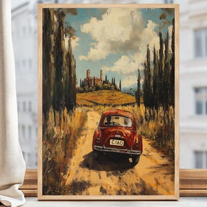 Italian Countryside Wall Print, Vintage Fiat Car Poster, Tuscany Landscape Decor, Rustic Italy Travel Art, Mediterranean Digital Download