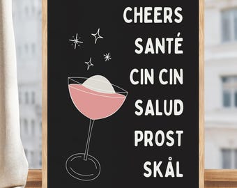Cheers Around the World Print, Minimalist Bar Wall Art, Multilingual Toast Poster, Drink Decor, Modern Cocktail Kitchen Printable Download