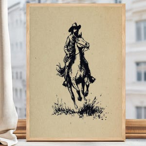 Vintage Cowboy Rider Sketch Digital Print, Rustic Ranch Style Wall Decor, Minimalist Old West Frontier, Timeless Americana Digital Download