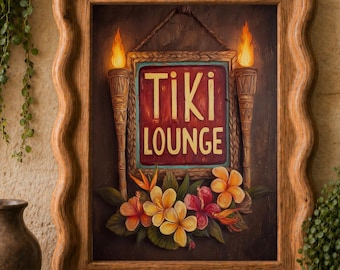 Tiki Lounge Sign Art | Retro Polynesian Bar, Tropical Flowers (Digital Download)