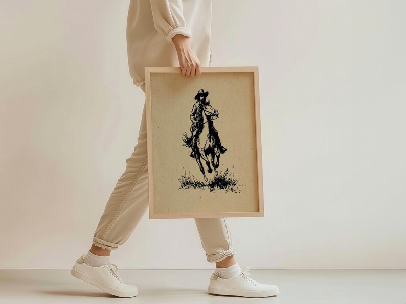 May include: A rectangular wooden frame containing a print on tan paper. The print features a black ink illustration of a person wearing a cowboy hat riding a horse through tall grass. The artwork is centered within the light-colored wooden frame.