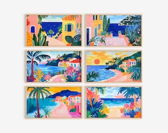Conjunto de Ilustrações Digitais Tropicais para Molduras de TV | Arte Vibrante de Praia | Decoração Costeira Colorida | Decoração para Casa e Expositor de TV | Moldura Moderna