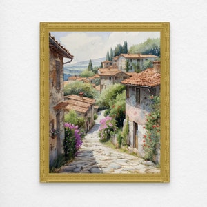 Tuscan Village Digital Print, Rustic Italy Art, Instant Download, Floral Pathway Decor, Mediterranean Home, Italian Countryside, Printable