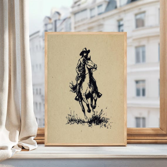 Vintage Cowboy Sketch Wall Art, Rustic Ranch Decor, Western Frontier Drawing, Neutral Americana Printable