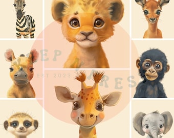 Könnte beinhalten: Eine Sammlung von Aquarellillustrationen mit entzückenden Babytieren. Die Kunstwerke zeigen ein Zebra, ein Löwenjunges, ein Reh, ein Nashorn, einen Affen, eine Giraffe, ein Erdmännchen und einen Elefanten. Die Bilder haben einen weichen, neutralen Hintergrund.
