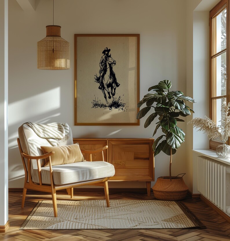 May include: A framed wall art print featuring a black ink illustration of a person riding a horse on a beige background. The artwork is displayed in a wooden frame, hanging above a wooden sideboard in a room with a light-colored armchair and a plant.