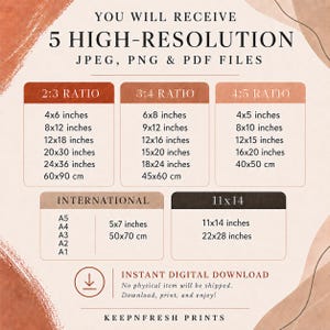 May include: A digital download information graphic with the text YOU WILL RECEIVE 5 HIGH-RESOLUTION JPEG, PNG & PDF FILES. It lists various print ratios including 2:3, 3:4, 4:5, international sizes like A1-A5, and specific dimensions in inches and cm.