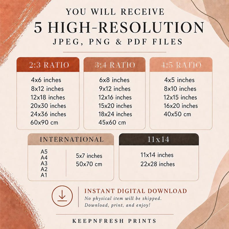 May include: A digital download information graphic with the text YOU WILL RECEIVE 5 HIGH-RESOLUTION JPEG, PNG & PDF FILES. It lists various print ratios including 2:3, 3:4, 4:5, international sizes like A1-A5, and specific dimensions in inches and cm.