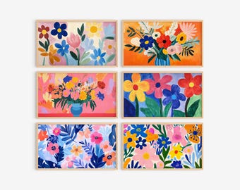 Ensemble d'illustrations numériques florales pour téléviseur | Art botanique vibrant | Décoration florale colorée |  Décoration d'intérieur pour téléviseur | Cadre d'art moderne