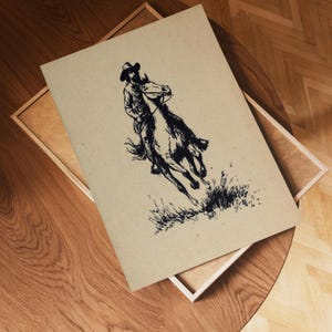 May include: A rectangular print on light tan paper featuring a black ink illustration of a person wearing a cowboy hat riding a galloping horse through tall grass. The artwork displays high contrast lines and a textured, natural paper background.