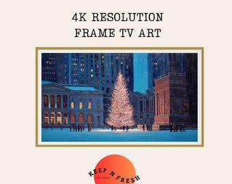 Christmas Tree Frame TV Art, Winter City Square Night Painting, 4K Digital Download, Frame TV Display, Holiday Wall Art Decor