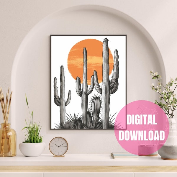 Saguaro Cactus Desert Sunset Digital Print, Southwestern Home Decor for Living Room and Bedroom, Modern Art Gift