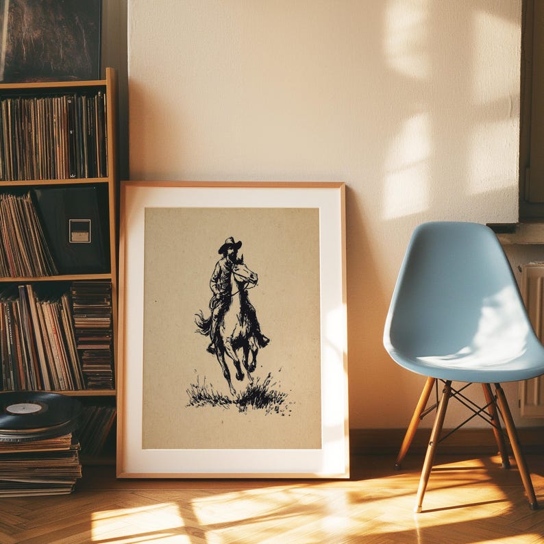 May include: A framed art print featuring a black ink illustration of a cowboy riding a horse on a tan background. The artwork is displayed in a light-colored wooden frame, positioned on a floor next to a wooden bookshelf and a light blue chair.