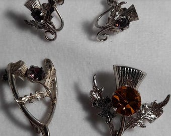 Bijoux chardon écossais en argent sterling signé WBs 2 broches et boucles d&#39;oreilles à fond vissé