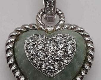 Pendentif Judith Ripka en argent sterling avec rehausseur, en forme de coeur, jade vert et zircone cubique, signé 925 Thaïlande