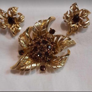 Könnte beinhalten: Ein Broschen- und Ohrring-Set in Goldton mit floralem Design und braunen Strasssteinen.