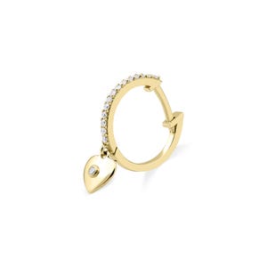 Diamond Huggie Earring With Dangle Heart - 14K Solid Gold Dangling Heart Charm Earring - Dainty Genuine Diamond Hoop - Mother's Day Gift