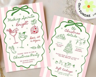 May include: Two rectangular party invitation cards featuring a light pink and white vertical striped background. Each card has a green scalloped border with a bow at the top. The cards contain red and green hand-drawn illustrations and text.