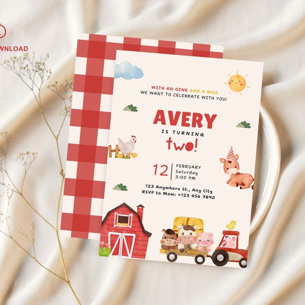 Cute Farm Birthday Invitation | Editable Barn Animals Party Invite | Red Gingham Ranch Barnyard Template | Tractor and Farmer Animals Theme