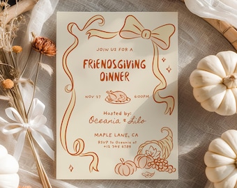 Friendsgiving Dinner Party Einladung für Herbst Thanksgiving Potluck Invite Handgezeichnete Urlaub Dinner Party für Freunde Erntedank Kürbis ein