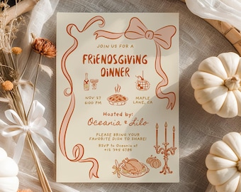 Friendsgiving Dinner Party Einladung Erntedankfest Herbst-Einladung Handgezeichnete Dinner-Party einladen Freunden Erntedank einladen Kürbis Herbst