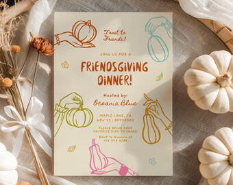 Friendsgiving Party Einladung Herbst Erntedank Einladung Handgezeichnete Dinner Party einladen Freunde Erntedank einladen Kürbis Herbst einladen