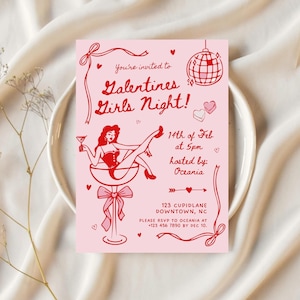 Galentines Girls Night Party Invite for Valentines Day Hand Drawn Friends Galentines Day Brunch Invitation Red Pink Dinner Party Invitation
