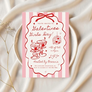 Galentines Girls Night Party Invite for Valentines Day Hand Drawn Friends Galentines Day Brunch Invitation Red Pink Dinner Party Invitation
