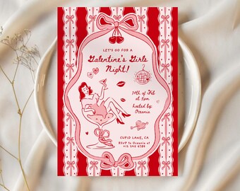 Galentines Day Einladung Galentines Mädchen Nacht Party Einladung Bearbeitbar Galentines Einladung Vorlage Valentines Invite Coquette Bögen