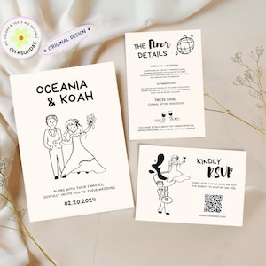 Hand Drawn Wedding Invitation Suite Template, Handwritten Wedding Invite, Scribble Fun Cute Wedding Illustration, Whimsical Wedding Invite