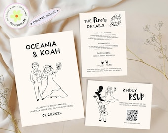 Hand Drawn Wedding Invitation Suite Template, Handwritten Wedding Invite, Scribble Fun Cute Wedding Illustration, Whimsical Wedding Invite