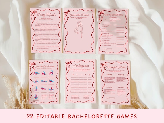Bachelorette Party Games Bundle Wavy Pink and Red Bridal Games Hen Do Party Games Adult Fun Bridal Shower Games Printable Bachelorette Games