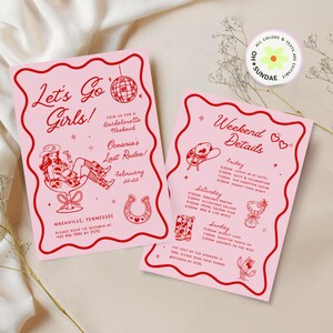 Let's Go Girls Bachelorette Party Invitation Itinerary Western Last Rodeo Bachelorette Cowgirl Hat Hand Drawn Nashville Bachelorette Invite image 2