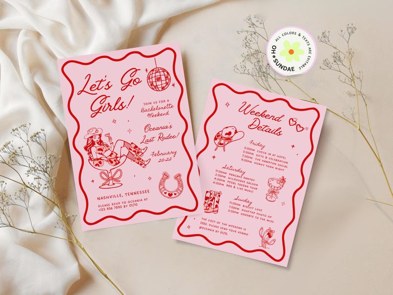Let's Go Girls Bachelorette Party Invitation Itinerary Western Last Rodeo Bachelorette Cowgirl Hat Hand Drawn Nashville Bachelorette Invite image 2