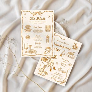 Puede incluir: Dos invitaciones crema para una fiesta de Acci&oacute;n de Gracias con ilustraciones y texto dorados. Una invitaci&oacute;n enumera el men&uacute;, la otra dice "&iexcl;Est&aacute;s invitado a una fiesta de Acci&oacute;n de Gracias entre amigos!" con la fecha y el lugar.
