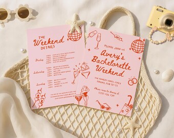 Bachelorette Invitation, Beach Bachelorette Party Invite, Girls Weekend Itinerary, Cocktail, Tropical Bachelorette, Hand Drawn, Whimsical