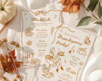 Friendsgiving Dinner Party Einladung für Herbst Thanksgiving Potluck Invite Handgezeichnete Urlaub Dinner Party für Freunde Erntedank Kürbis ein