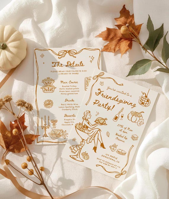 Friendsgiving Dinner Party Invitation for Fall Thanksgiving Potluck Invite Hand Drawn Holiday Dinner Party for Friends Thanksgiving Pumpkin