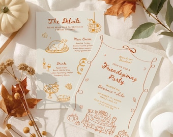 Friendsgiving Dinner Party Einladung für Herbst Thanksgiving Potluck Invite Handgezeichnete Urlaub Dinner Party für Freunde Erntedank Kürbis ein