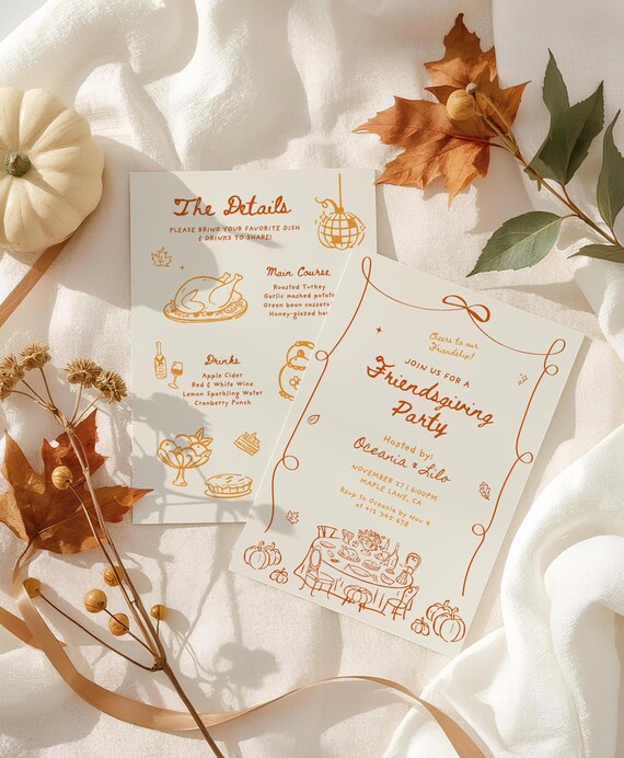 Friendsgiving Dinner Party Invitation for Fall Thanksgiving Potluck Invite Hand Drawn Holiday Dinner Party for Friends Thanksgiving Pumpkin