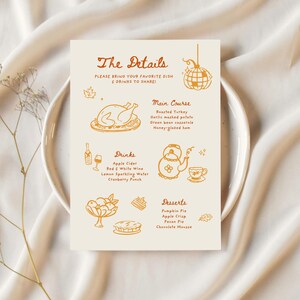 May include: A cream-colored menu card with the text "The Details" and a list of dishes and drinks, including roasted turkey, apple cider, and pumpkin pie. The menu has a fall theme with illustrations in a warm brown color.