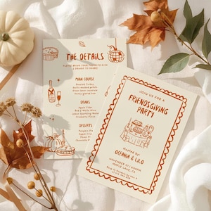 May include: Two cream-colored invitation cards with brown text and illustrations for a Friendsgiving party. One card lists the menu, including main courses, drinks, and desserts. The other card has the party details.