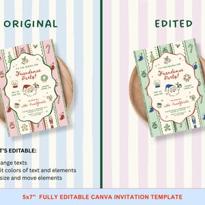 May include: A Christmas-themed invitation template with a pink and green color scheme. The invitation features festive illustrations and the text "'Tis the Season for Friendsmas Party!" The invitation is on a wooden plate.