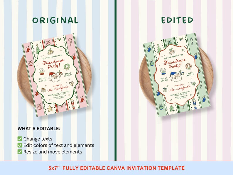 May include: A Christmas-themed invitation template with a pink and green color scheme. The invitation features festive illustrations and the text "'Tis the Season for Friendsmas Party!" The invitation is on a wooden plate.