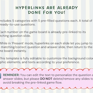 Op de afbeelding: Een digitale presentatiesjabloon met de tekst "HYPERLINKS ARE ALREADY DONE FOR YOU!" op een gestreepte achtergrond. De sjabloon bevat vooraf ingevulde vragen, vooraf gekoppelde dia's en is volledig bewerkbaar.