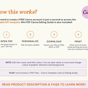 May include: A step-by-step guide on how to personalize a printable party template using Canva. The guide includes four steps: open the PDF, personalize the details, download the file, and print. The guide also includes a note about editing font, text, and colors, as well as resizing and moving graphic elements. The guide states that two PDF files are included: a Canva template link and an editing guide.
