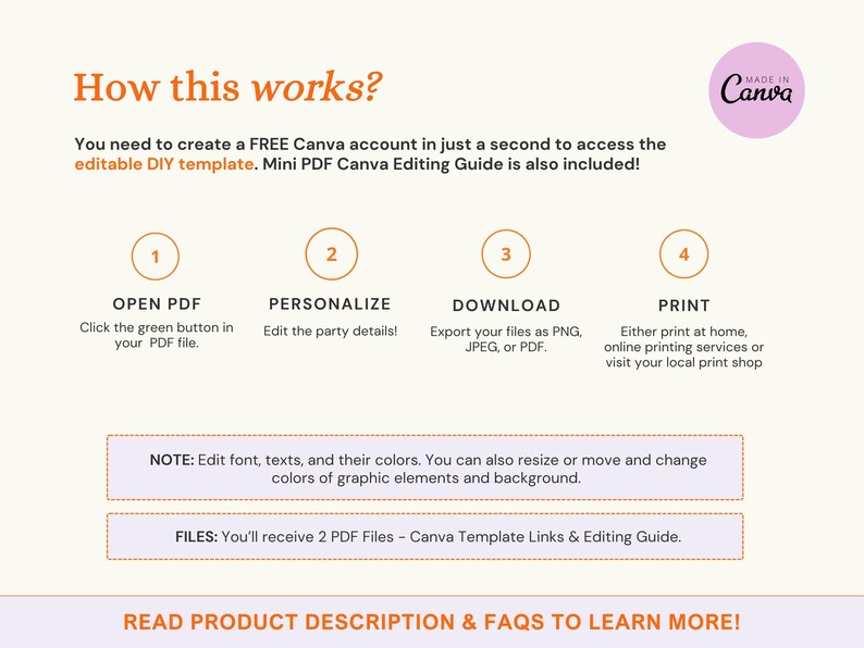 May include: A step-by-step guide on how to personalize a printable party template using Canva. The guide includes four steps: open the PDF, personalize the details, download the file, and print. The guide also includes a note about editing font, text, and colors, as well as resizing and moving graphic elements. The guide states that two PDF files are included: a Canva template link and an editing guide.